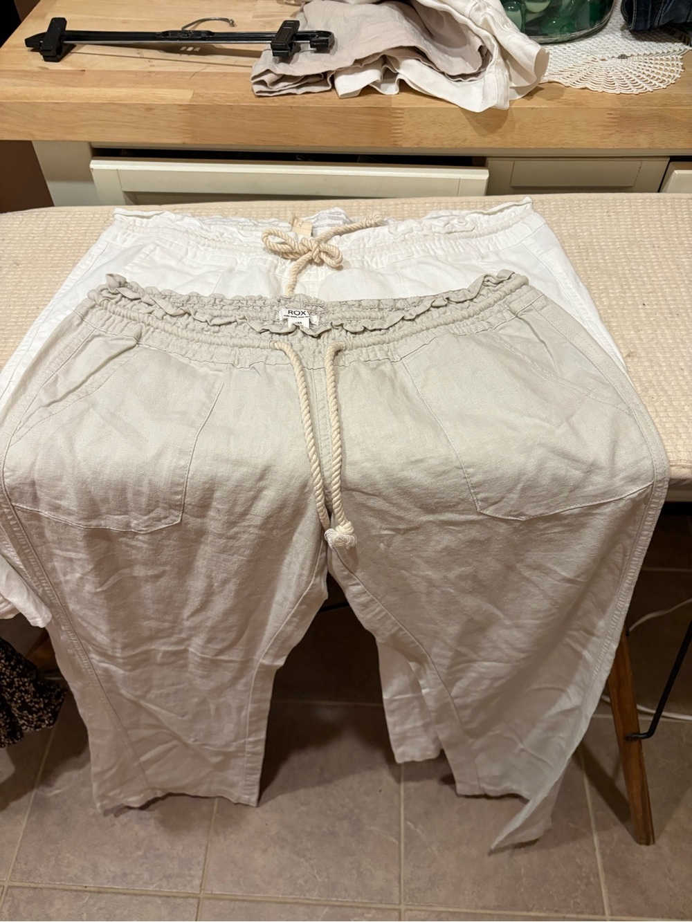 Roxy Light Beige Drawstring Linen-Blend linen pants 2 pair